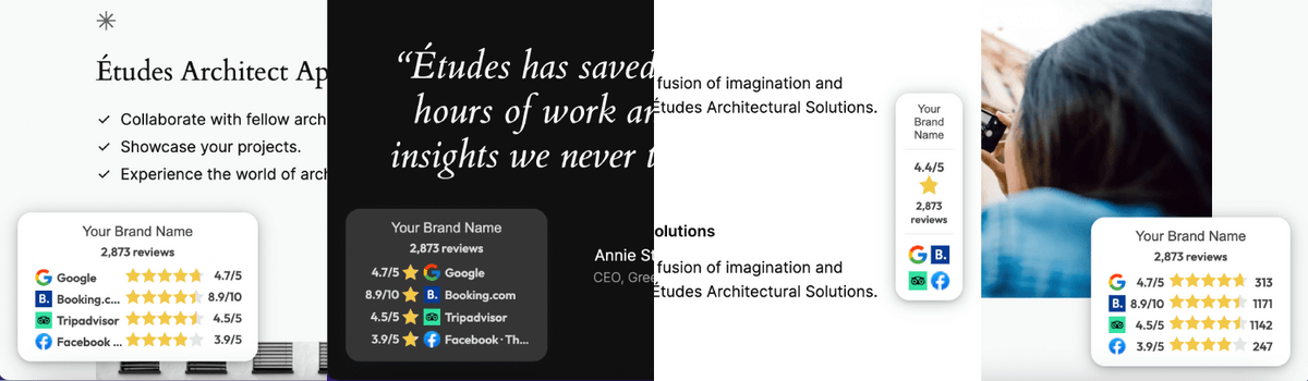 Collage with review widgets for various brands, including Google, Facebook, Booking.com, Tripadvisor, Trustpilot. Showcase your business's credibility using a Review Widget for WordPress to display the best review ratings free.